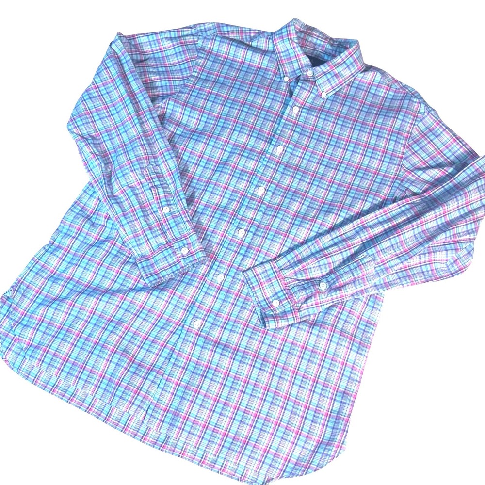 Ralph Lauren Button Down Shirt Mens L Blue Pink Plaid Long Sleeve Cotton